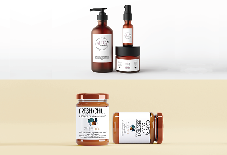 Lotion and essential oil bottles with branding and deli products with branding